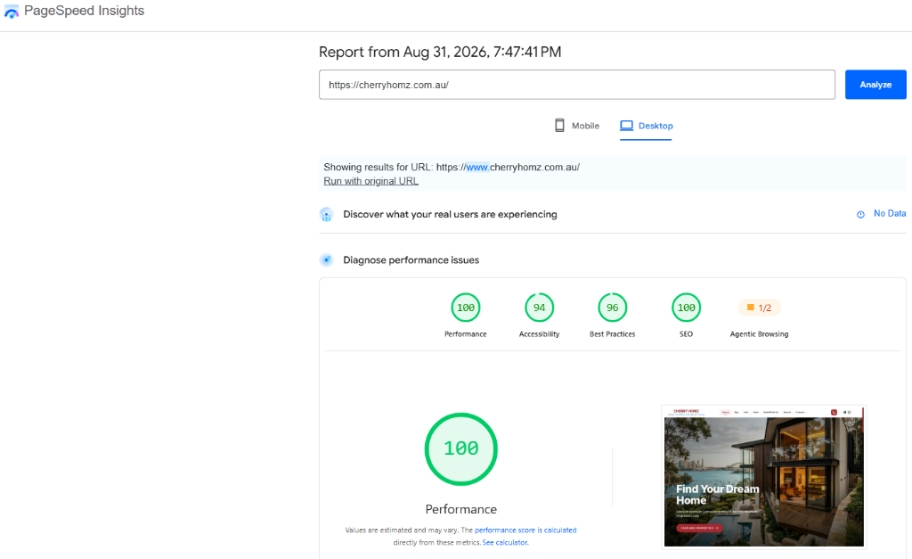 Google PageSpeed Insights performance results for Cherry Homz website