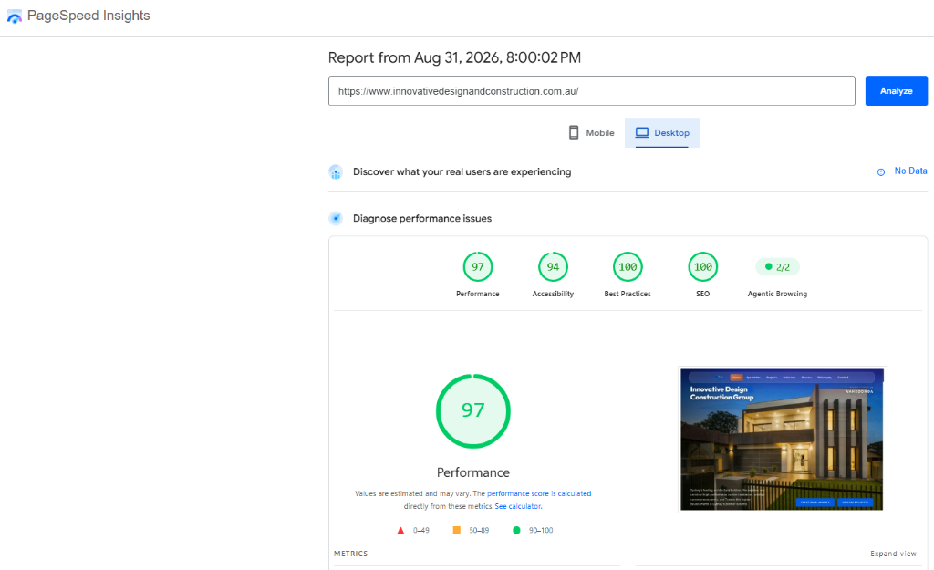 Google PageSpeed Insights performance results for Innovative Design & Construction website