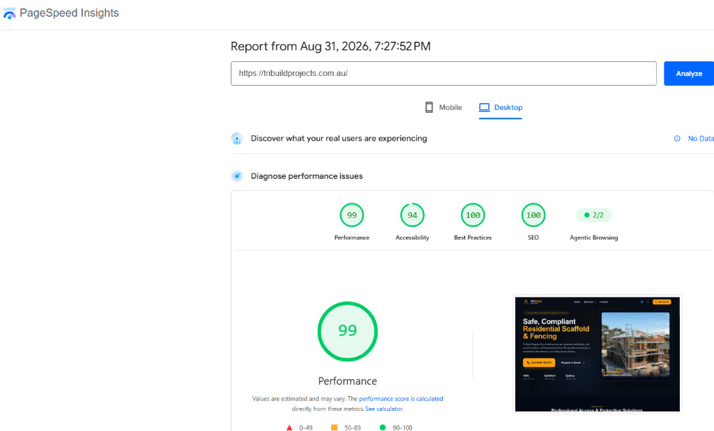 Google PageSpeed Insights performance results for Tri Build Projects website